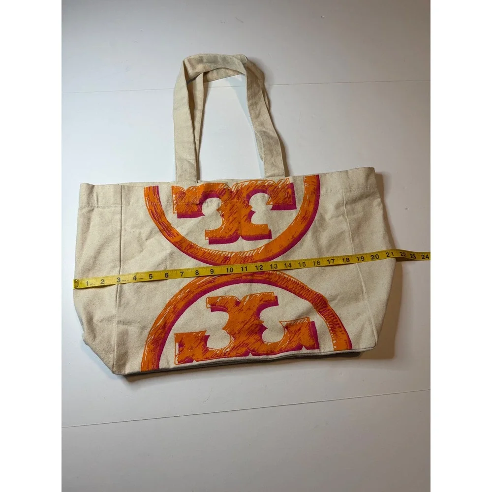 Tory Burch Canvas Tote Bag Cream Orange Oversized Logo Shopper Beach Bag
